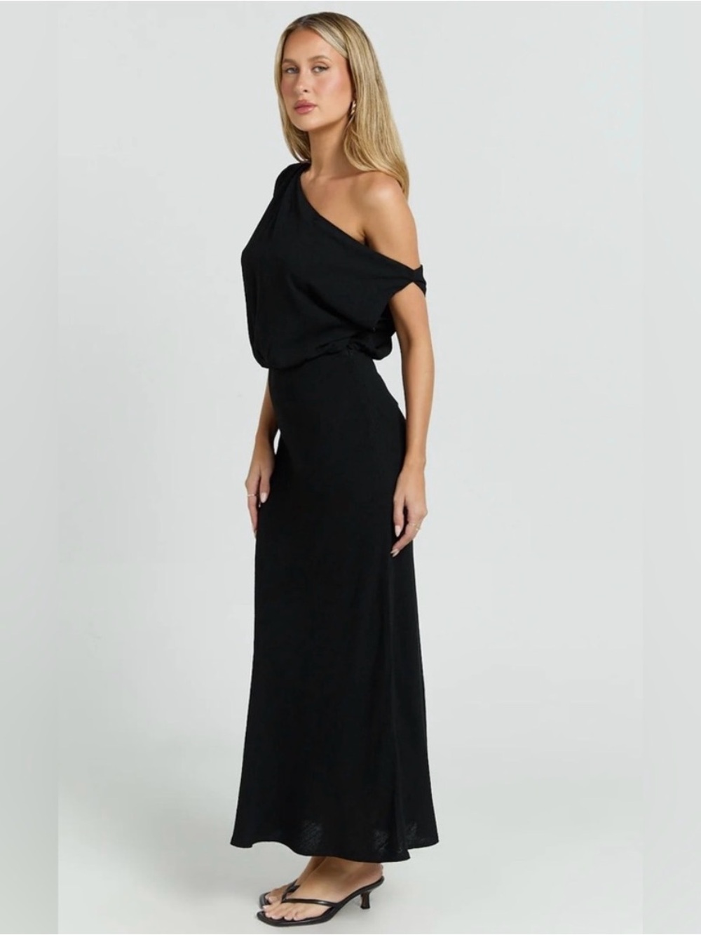 Showpo Black One-Shoulder Linen Maxi Dress - Picture 4 of 8